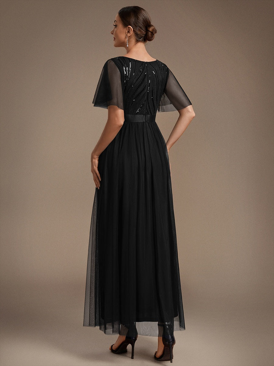 Maxilänge A-Linien Kleid Runder Ausschnitt Tüll Pailletten Glamouröser Look #Farbe_Schwarz