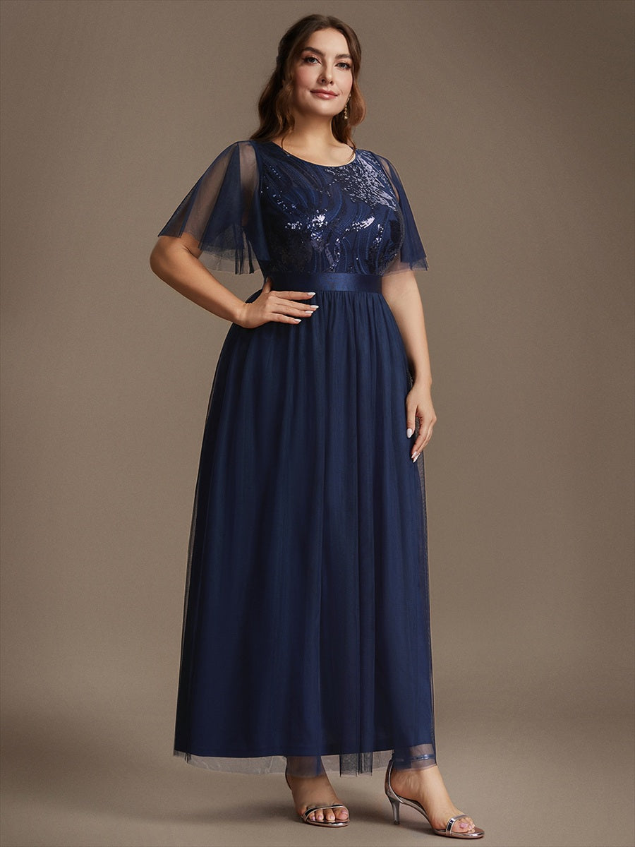 Maxilänge A-Linien Kleid Runder Ausschnitt Tüll Pailletten Glamouröser Look #Farbe_Marineblau