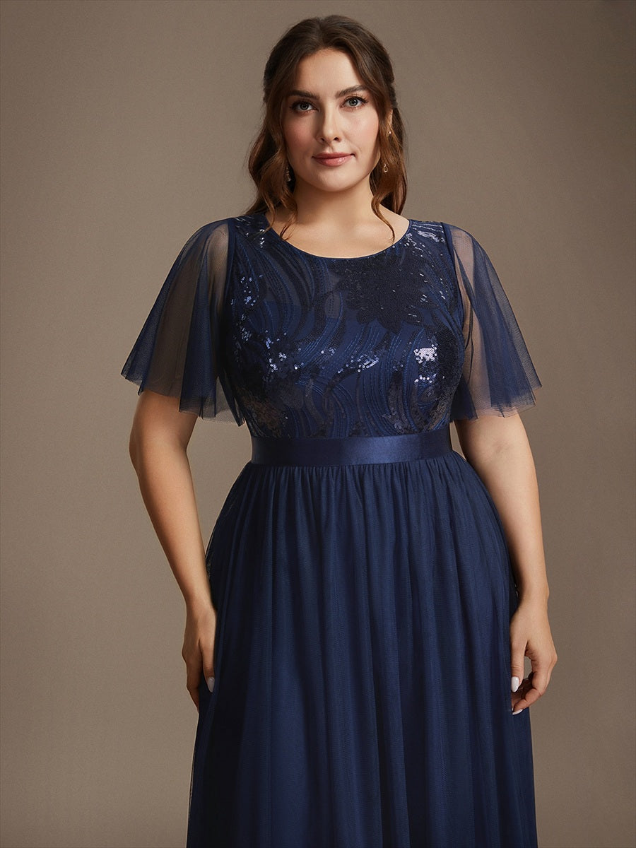 Maxilänge A-Linien Kleid Runder Ausschnitt Tüll Pailletten Glamouröser Look #Farbe_Marineblau
