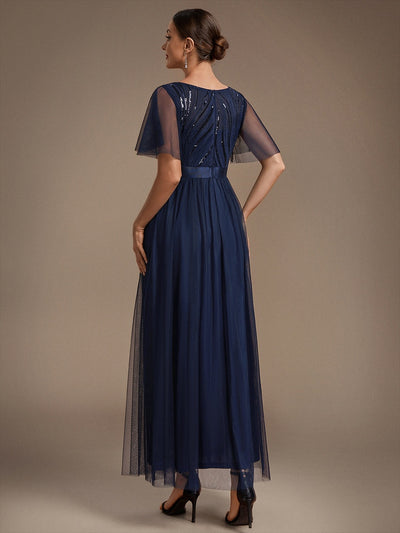 Maxilänge A-Linien Kleid Runder Ausschnitt Tüll Pailletten Glamouröser Look #Farbe_Marineblau