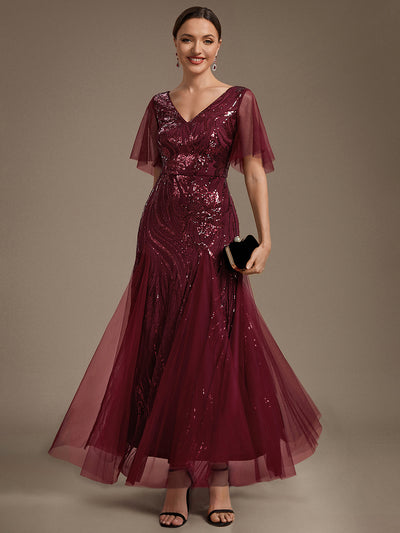 Maxilänge V-Ausschnitt A-Linien Kleid Aus Pailletten Für Glamourösen Look #Farbe_Burgunderrot