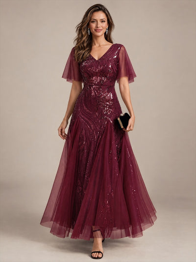 Maxilänge V-Ausschnitt A-Linien Kleid Aus Pailletten Für Glamourösen Look #Farbe_Burgunderrot