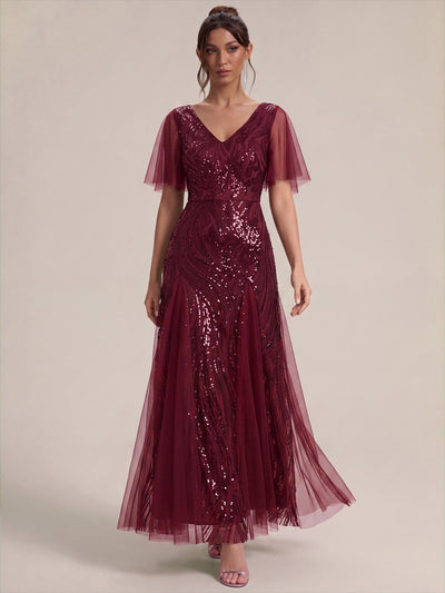 Maxilänge V-Ausschnitt A-Linien Kleid Aus Pailletten Für Glamourösen Look #Farbe_Burgunderrot