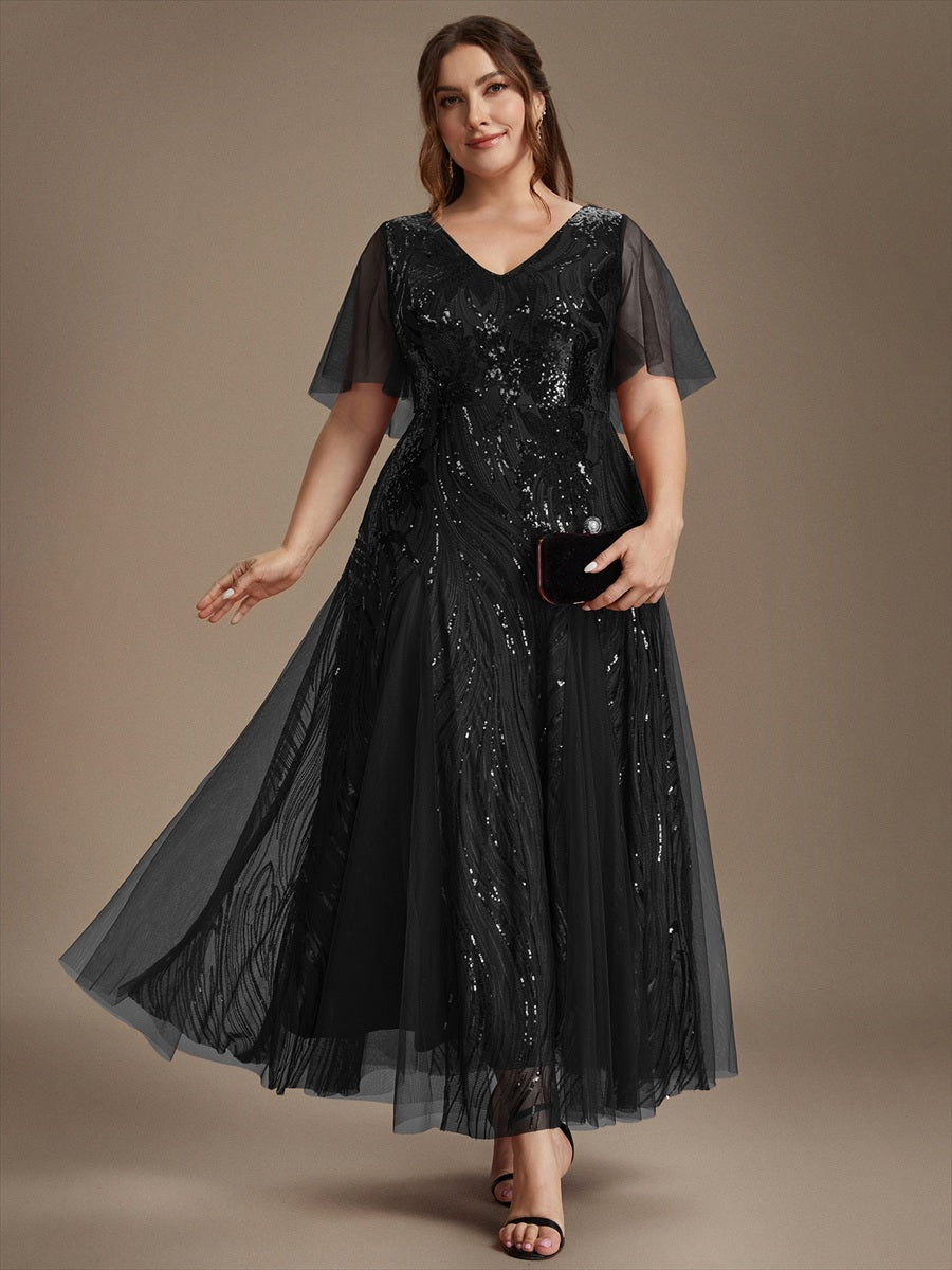 Maxilänge V-Ausschnitt A-Linien Kleid Aus Pailletten Für Glamourösen Look #Farbe_Schwarz