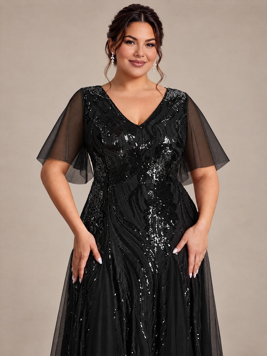 Maxilänge V-Ausschnitt A-Linien Kleid Aus Pailletten Für Glamourösen Look #Farbe_Schwarz