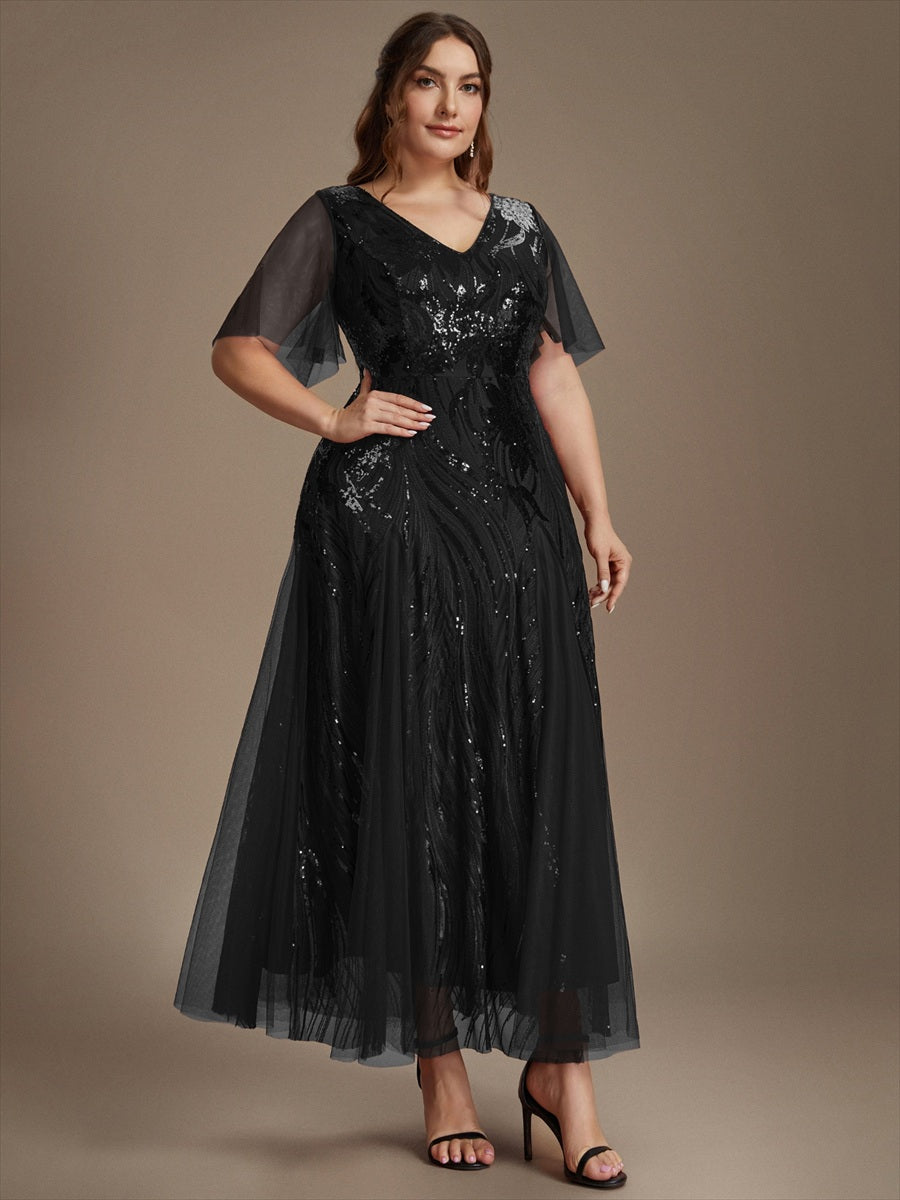 Maxilänge V-Ausschnitt A-Linien Kleid Aus Pailletten Für Glamourösen Look #Farbe_Schwarz