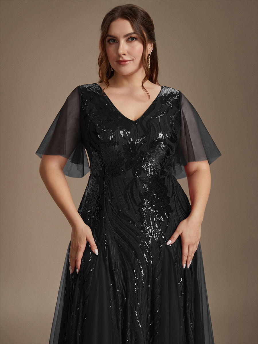 Maxilänge V-Ausschnitt A-Linien Kleid Aus Pailletten Für Glamourösen Look #Farbe_Schwarz