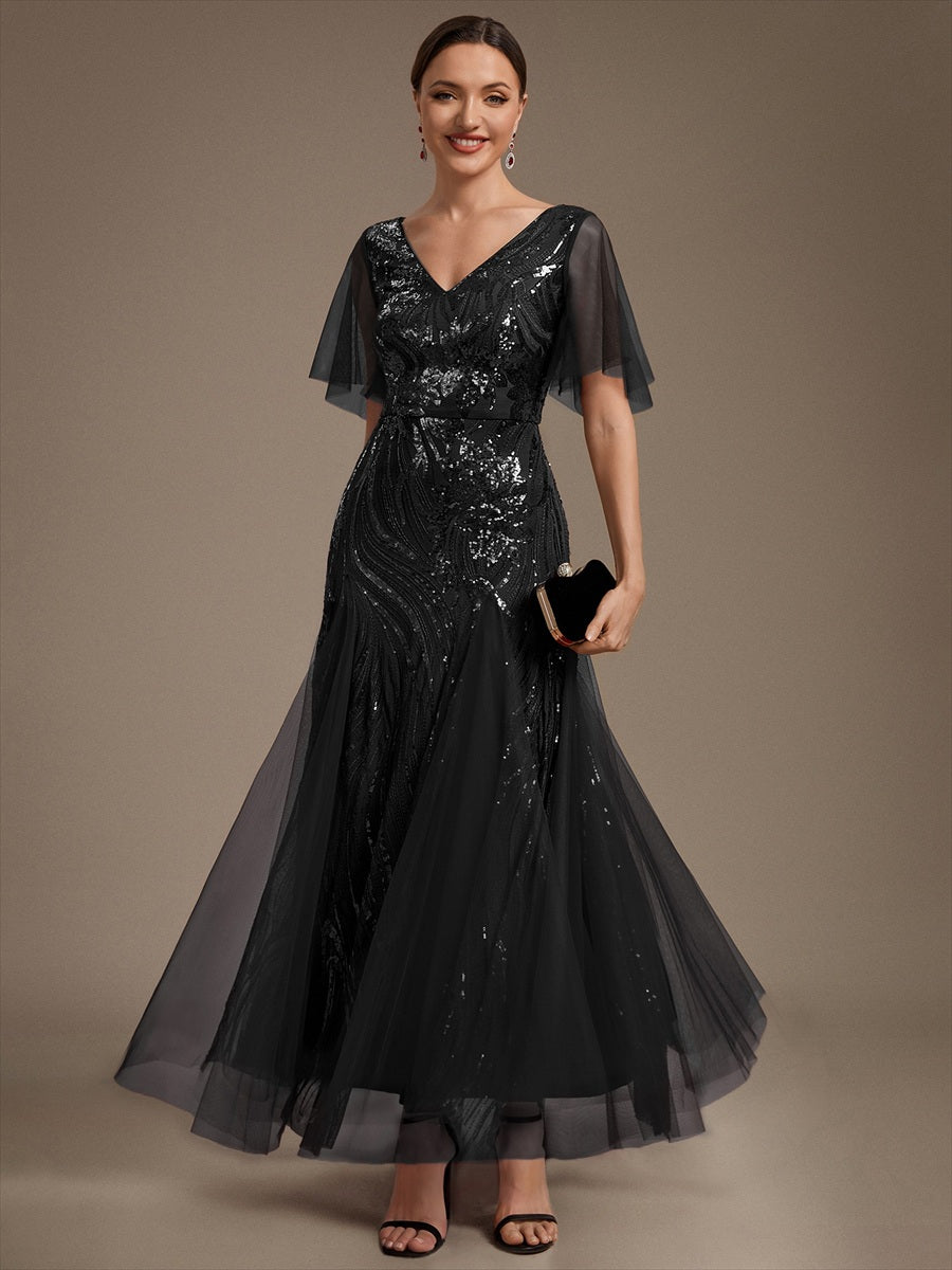 Maxilänge V-Ausschnitt A-Linien Kleid Aus Pailletten Für Glamourösen Look #Farbe_Schwarz