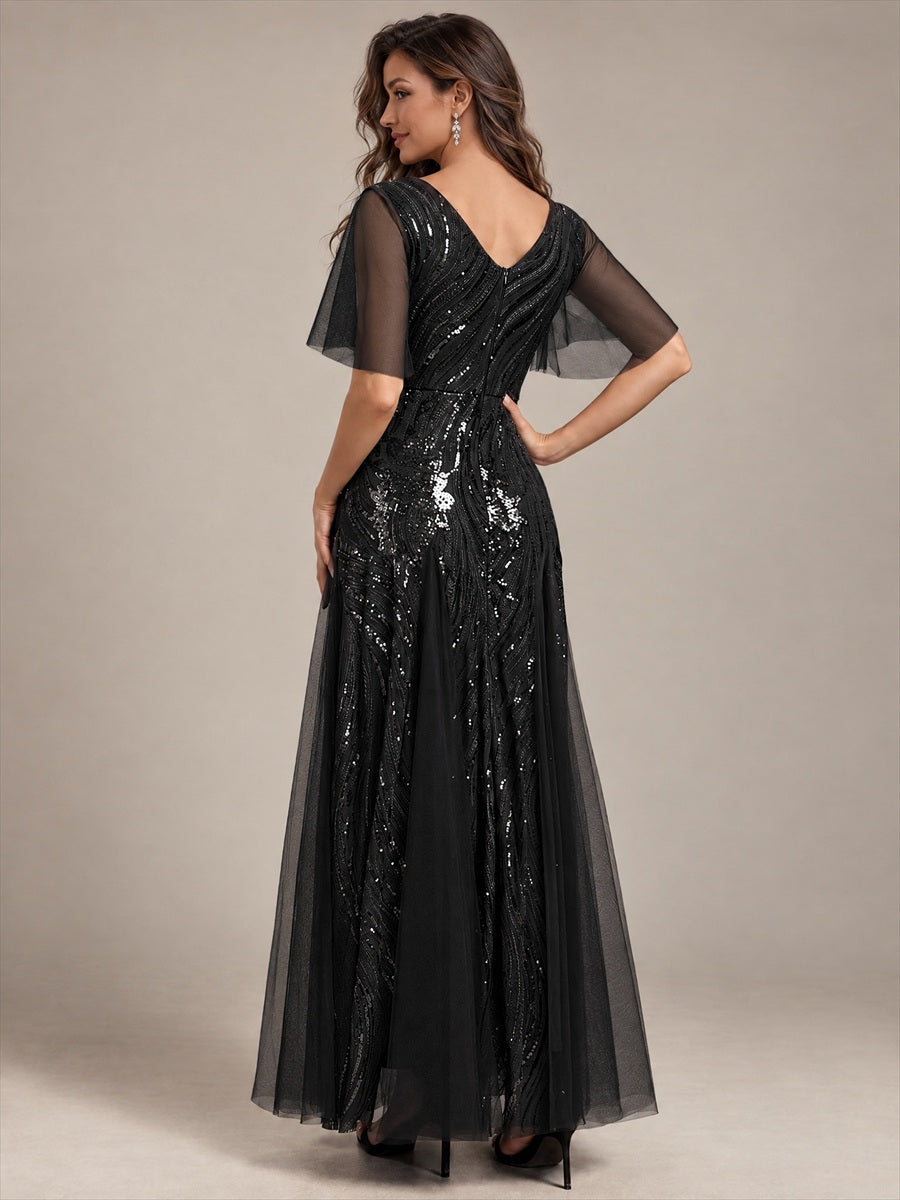 Maxilänge V-Ausschnitt A-Linien Kleid Aus Pailletten Für Glamourösen Look #Farbe_Schwarz
