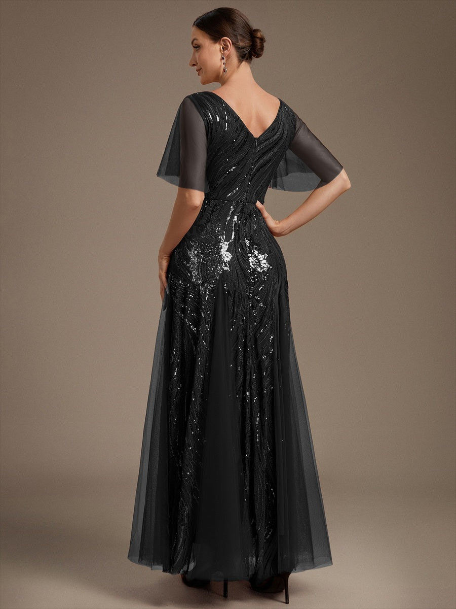 Maxilänge V-Ausschnitt A-Linien Kleid Aus Pailletten Für Glamourösen Look #Farbe_Schwarz