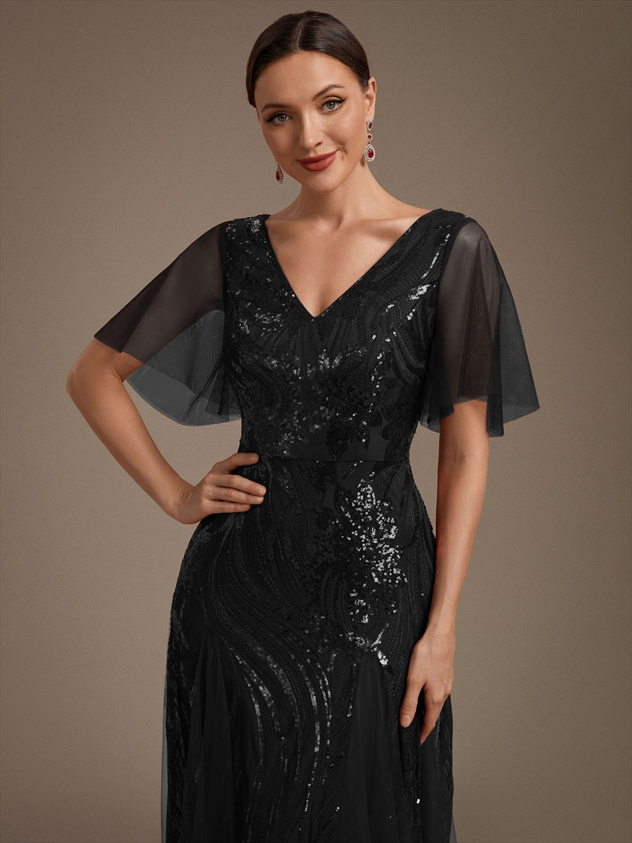 Maxilänge V-Ausschnitt A-Linien Kleid Aus Pailletten Für Glamourösen Look #Farbe_Schwarz