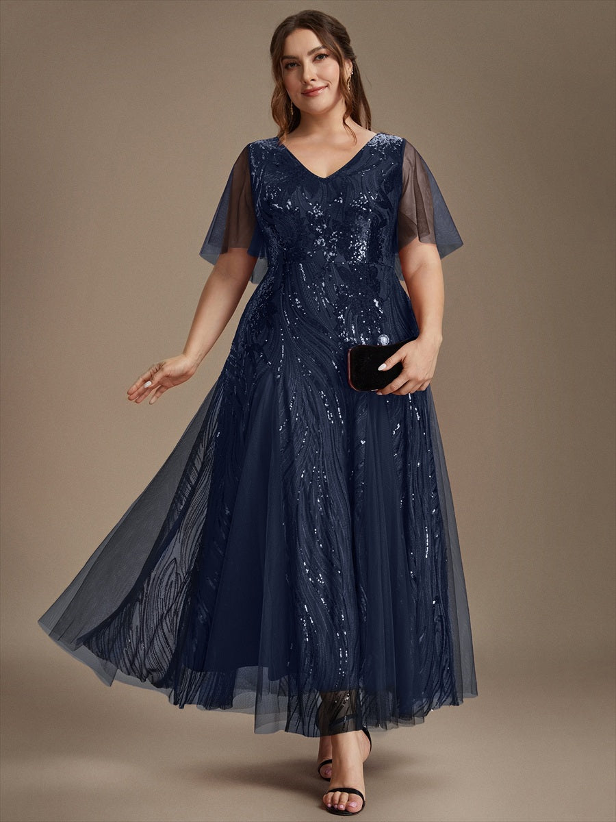 Maxilänge V-Ausschnitt A-Linien Kleid Aus Pailletten Für Glamourösen Look #Farbe_Marineblau