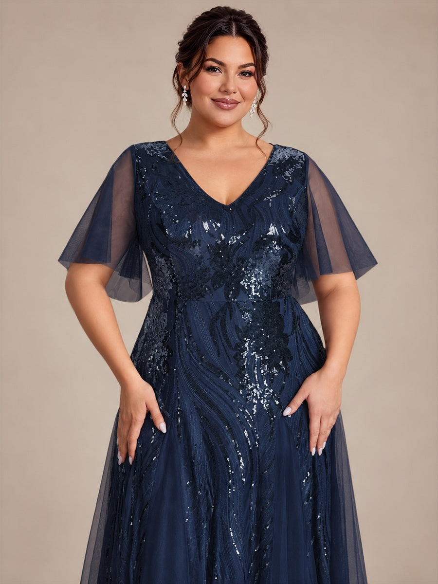 Maxilänge V-Ausschnitt A-Linien Kleid Aus Pailletten Für Glamourösen Look #Farbe_Marineblau
