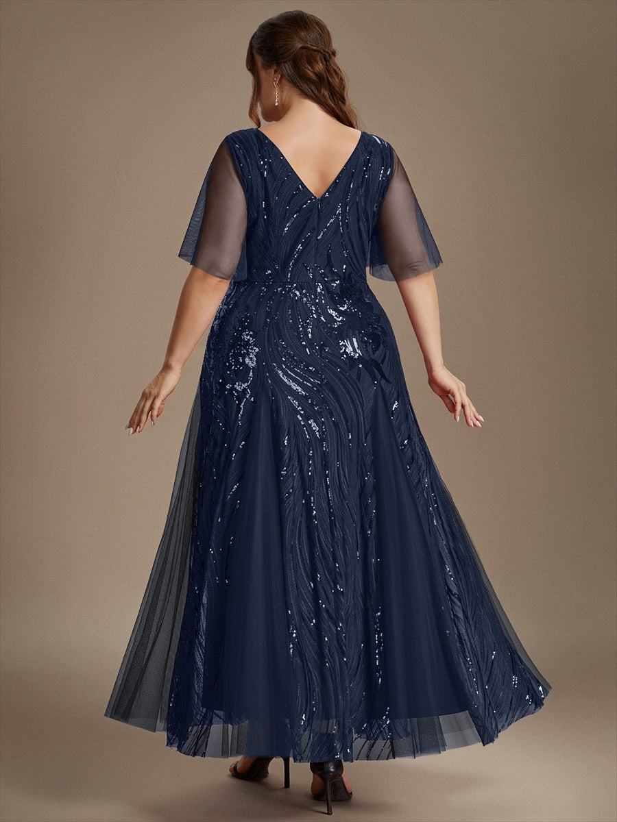 Maxilänge V-Ausschnitt A-Linien Kleid Aus Pailletten Für Glamourösen Look #Farbe_Marineblau