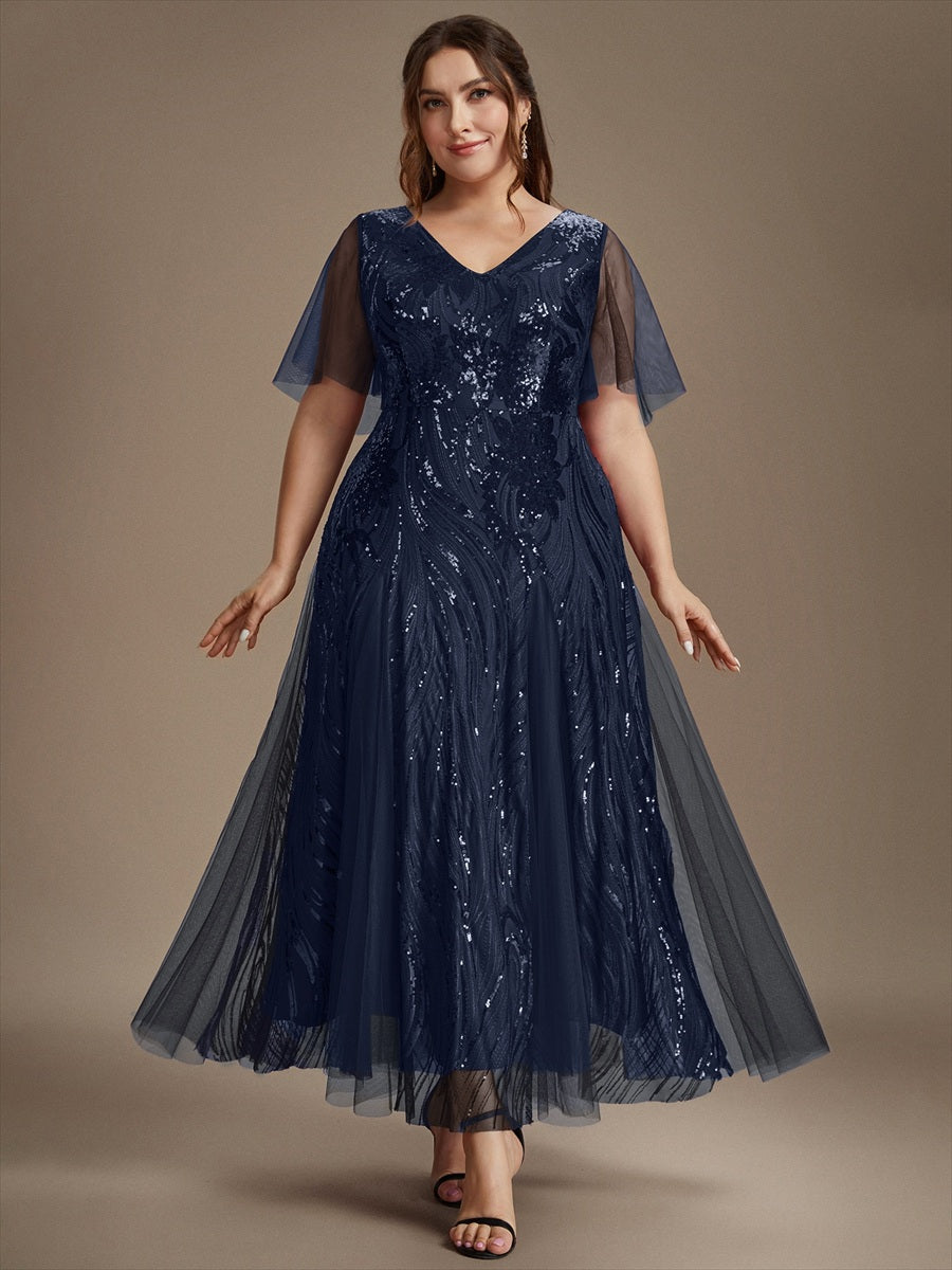 Maxilänge V-Ausschnitt A-Linien Kleid Aus Pailletten Für Glamourösen Look #Farbe_Marineblau