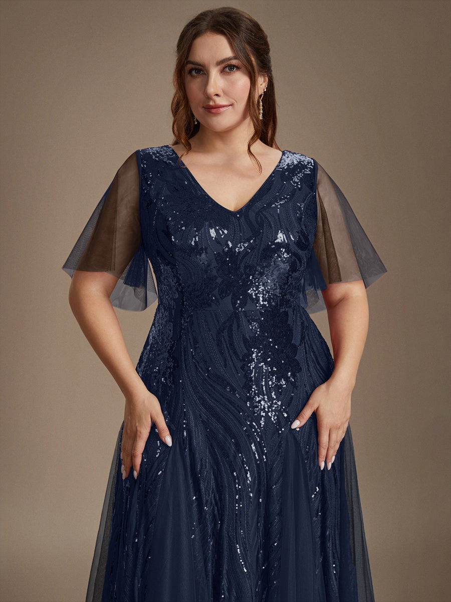 Maxilänge V-Ausschnitt A-Linien Kleid Aus Pailletten Für Glamourösen Look #Farbe_Marineblau