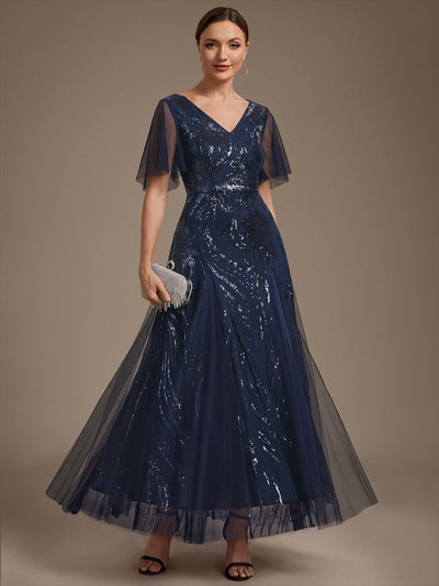 Maxilänge V-Ausschnitt A-Linien Kleid Aus Pailletten Für Glamourösen Look #Farbe_Marineblau