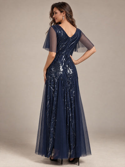 Maxilänge V-Ausschnitt A-Linien Kleid Aus Pailletten Für Glamourösen Look #Farbe_Marineblau