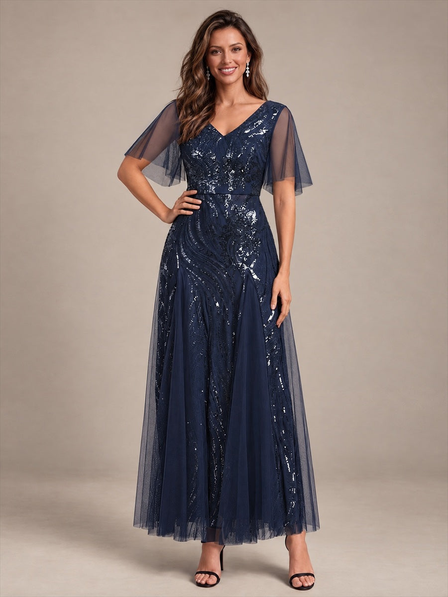Maxilänge V-Ausschnitt A-Linien Kleid Aus Pailletten Für Glamourösen Look #Farbe_Marineblau