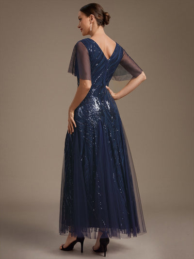 Maxilänge V-Ausschnitt A-Linien Kleid Aus Pailletten Für Glamourösen Look #Farbe_Marineblau
