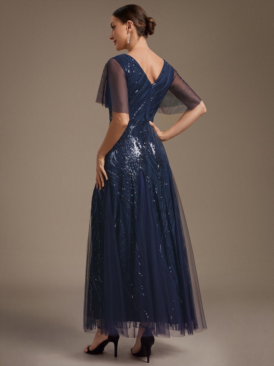 Maxilänge V-Ausschnitt A-Linien Kleid Aus Pailletten Für Glamourösen Look #Farbe_Marineblau