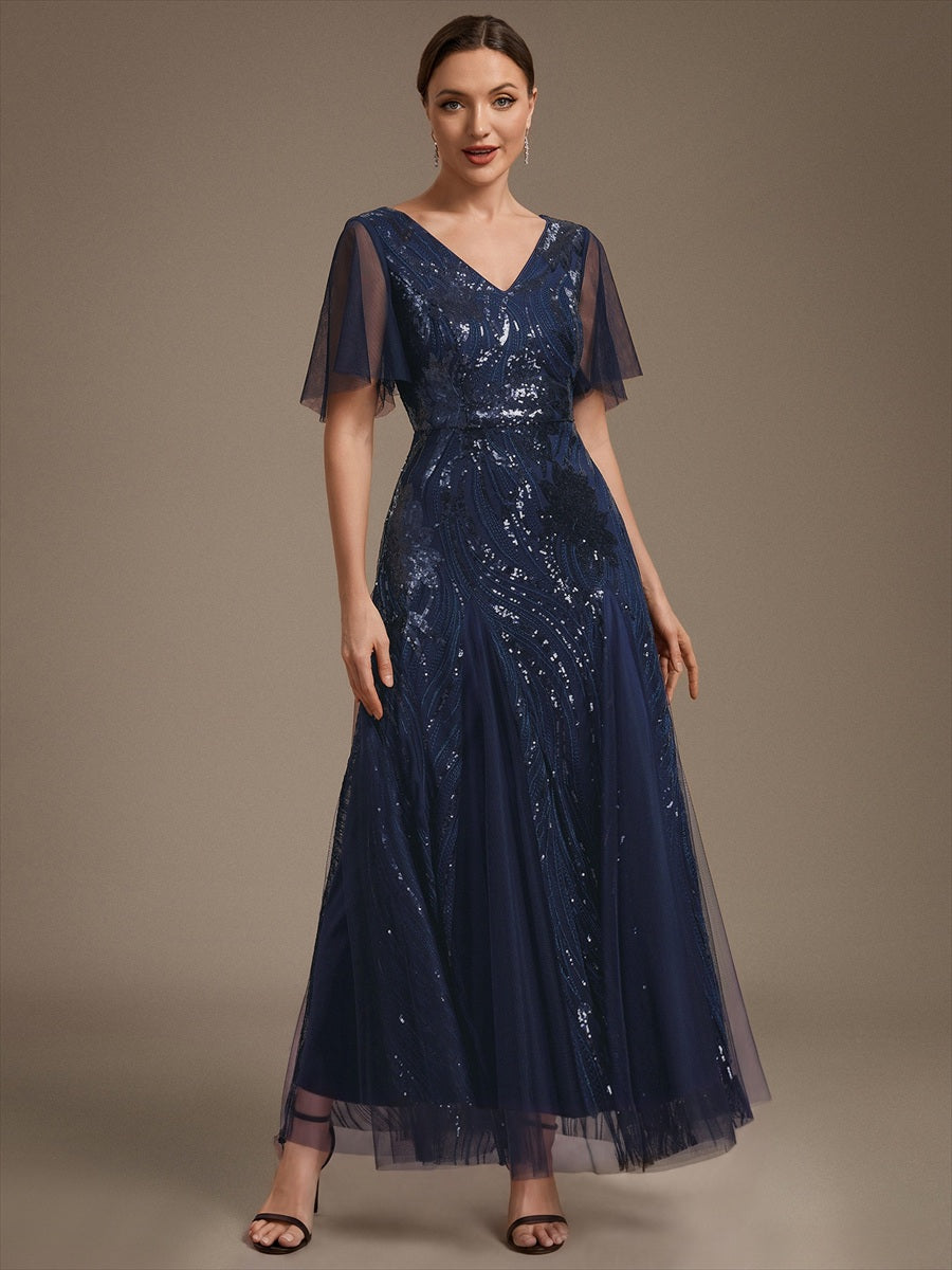 Maxilänge V-Ausschnitt A-Linien Kleid Aus Pailletten Für Glamourösen Look #Farbe_Marineblau