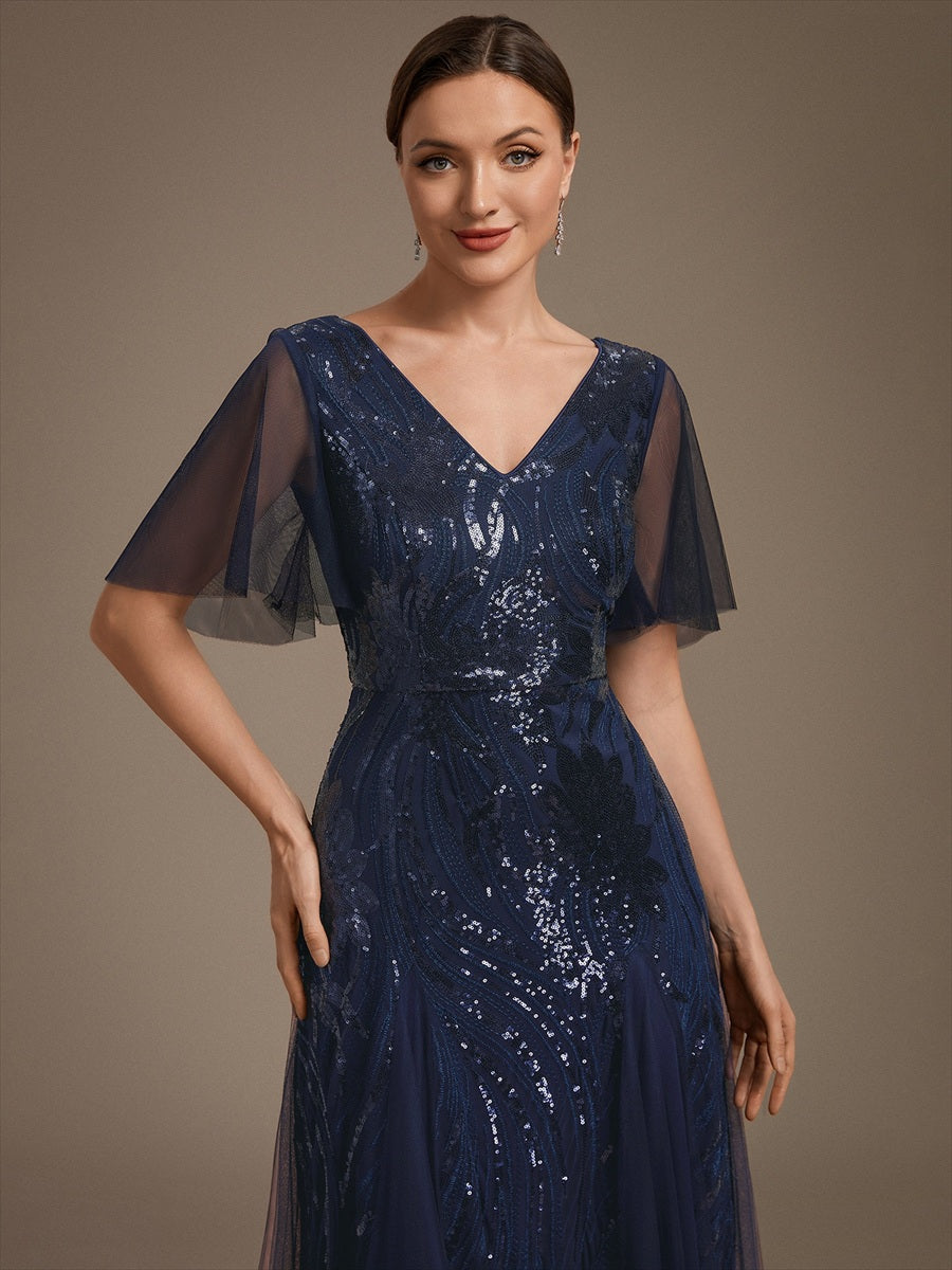 Maxilänge V-Ausschnitt A-Linien Kleid Aus Pailletten Für Glamourösen Look #Farbe_Marineblau