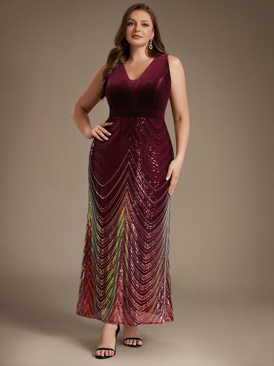 Maxilänge Meerjungfrau Kleid V Ausschnitt Pailletten Glamourös Elegant #Farbe_Burgunderrot