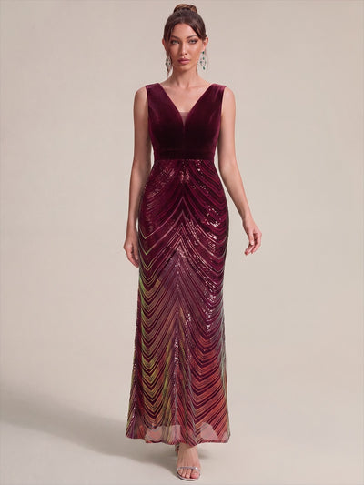 Maxilänge Meerjungfrau Kleid V Ausschnitt Pailletten Glamourös Elegant #Farbe_Burgunderrot