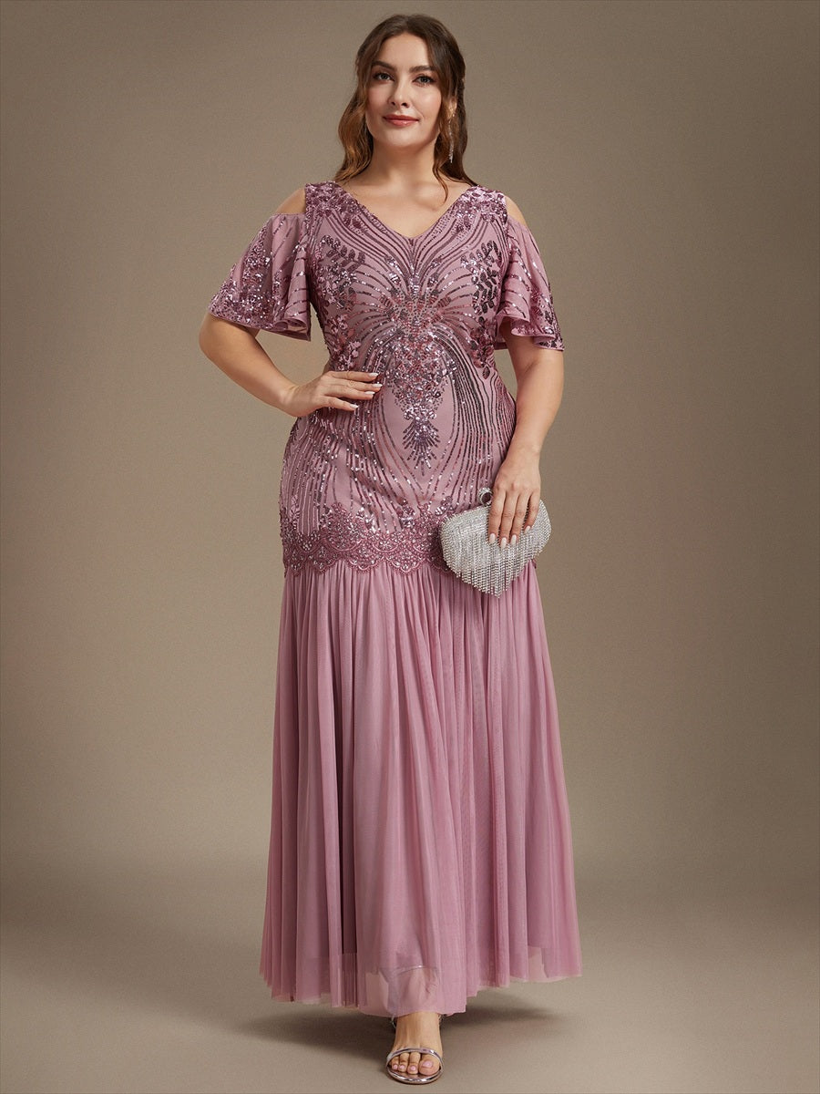 Pailletten V-Ausschnitt Etui-Schnitt Volantärmel Reißverschluss hinten abendkleid #Farbe_Orchideenviolett
