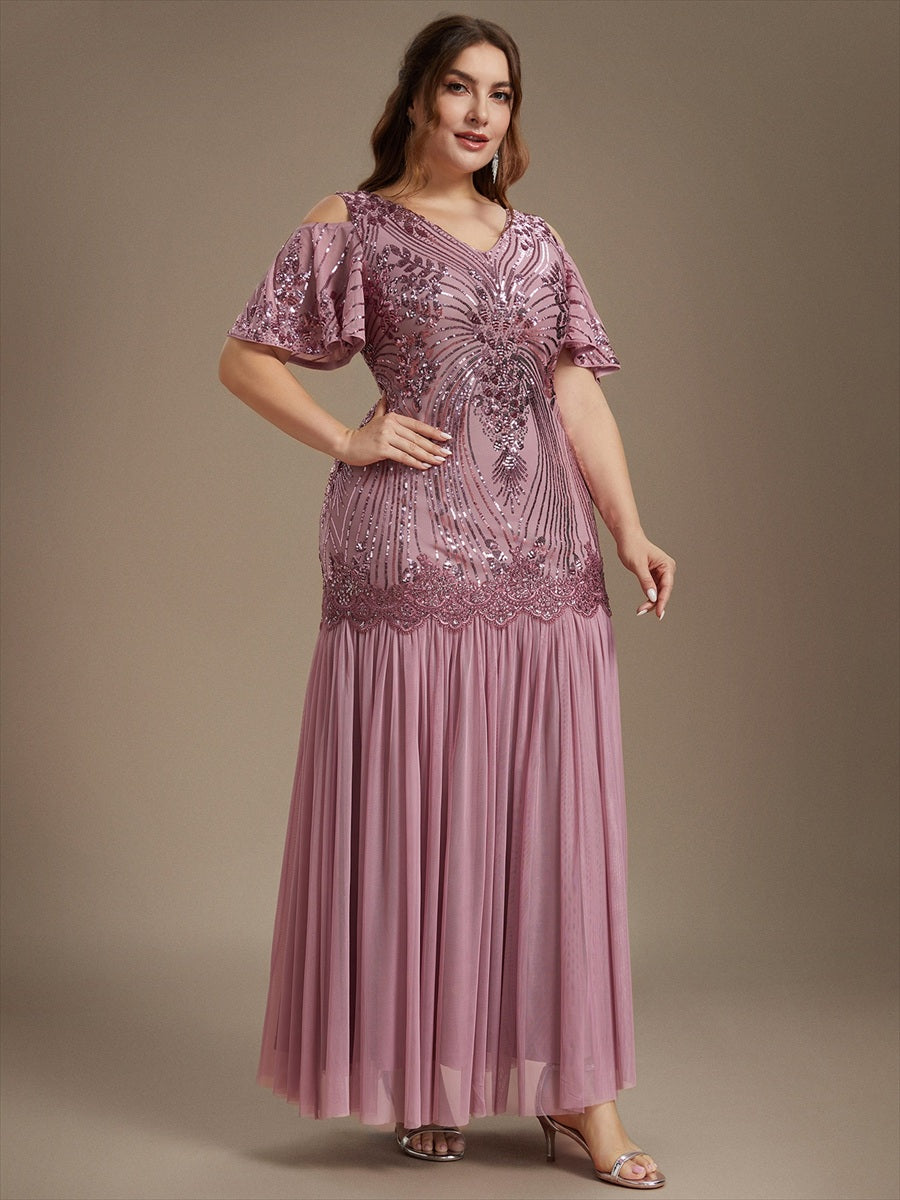Pailletten V-Ausschnitt Etui-Schnitt Volantärmel Reißverschluss hinten abendkleid #Farbe_Orchideenviolett
