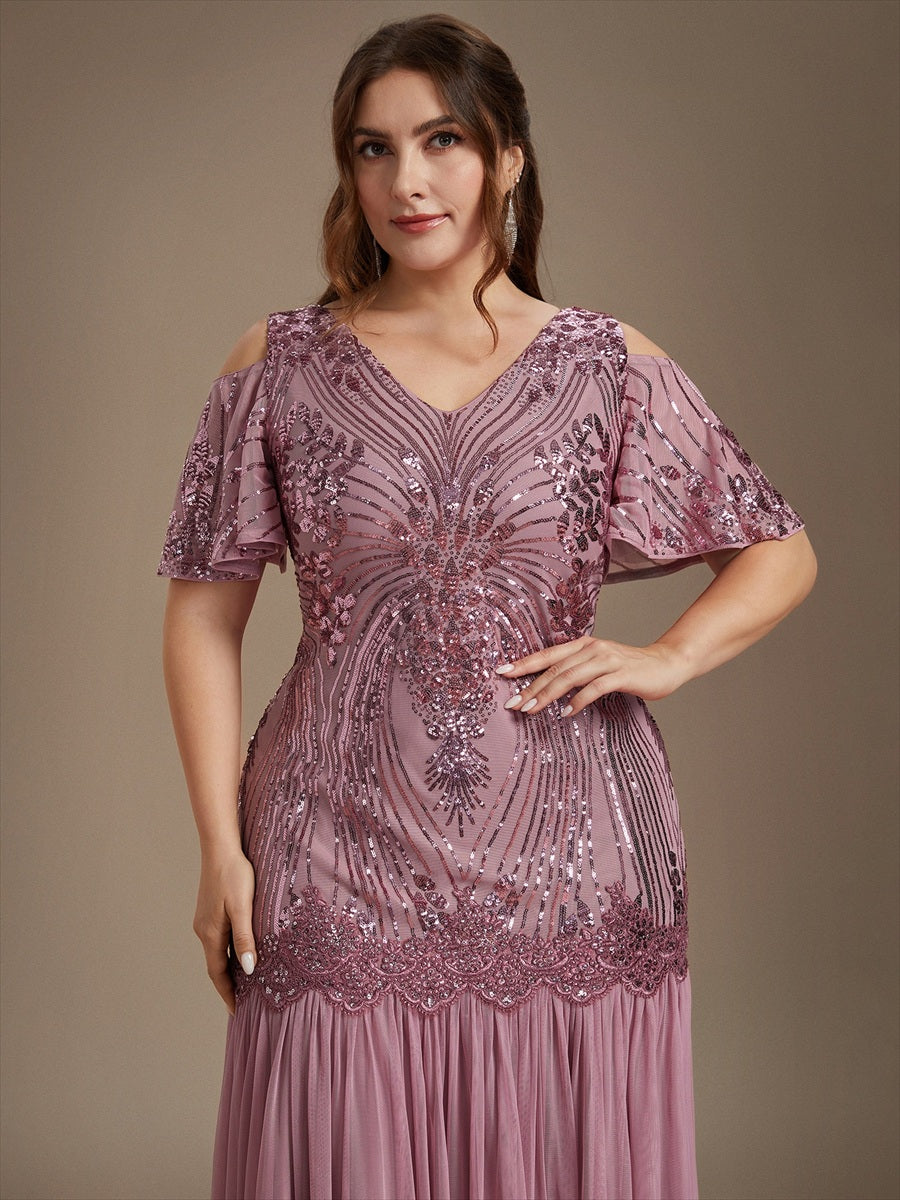 Pailletten V-Ausschnitt Etui-Schnitt Volantärmel Reißverschluss hinten abendkleid #Farbe_Orchideenviolett