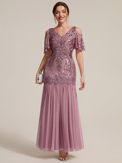 Pailletten V-Ausschnitt Etui-Schnitt Volantärmel Reißverschluss hinten abendkleid #Farbe_Orchideenviolett
