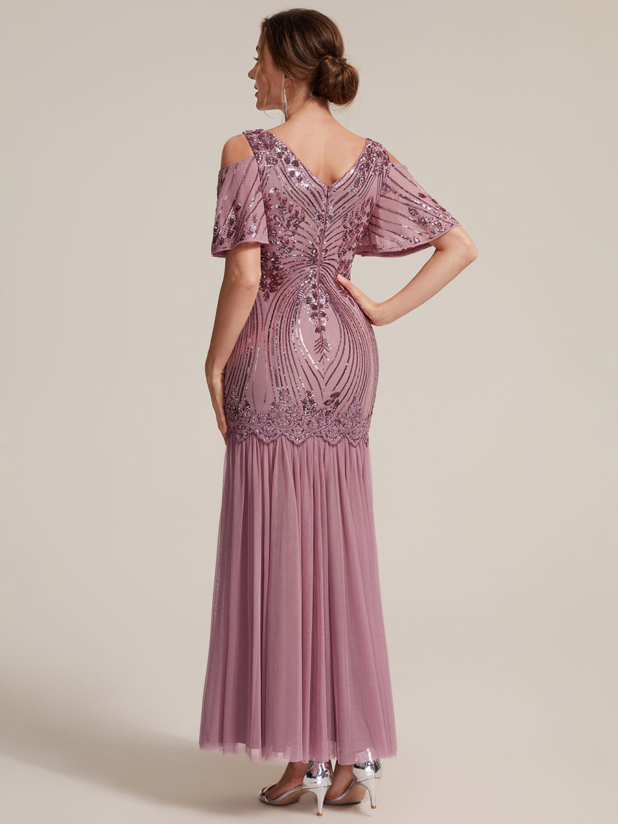Pailletten V-Ausschnitt Etui-Schnitt Volantärmel Reißverschluss hinten abendkleid #Farbe_Orchideenviolett