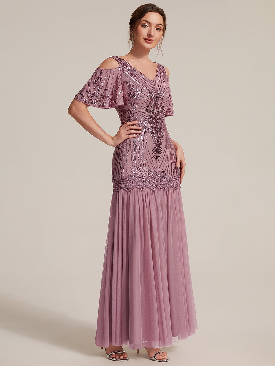 Pailletten V-Ausschnitt Etui-Schnitt Volantärmel Reißverschluss hinten abendkleid #Farbe_Orchideenviolett