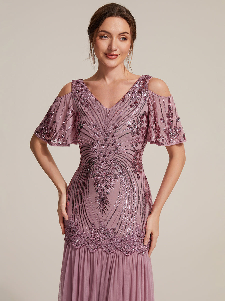 Pailletten V-Ausschnitt Etui-Schnitt Volantärmel Reißverschluss hinten abendkleid #Farbe_Orchideenviolett