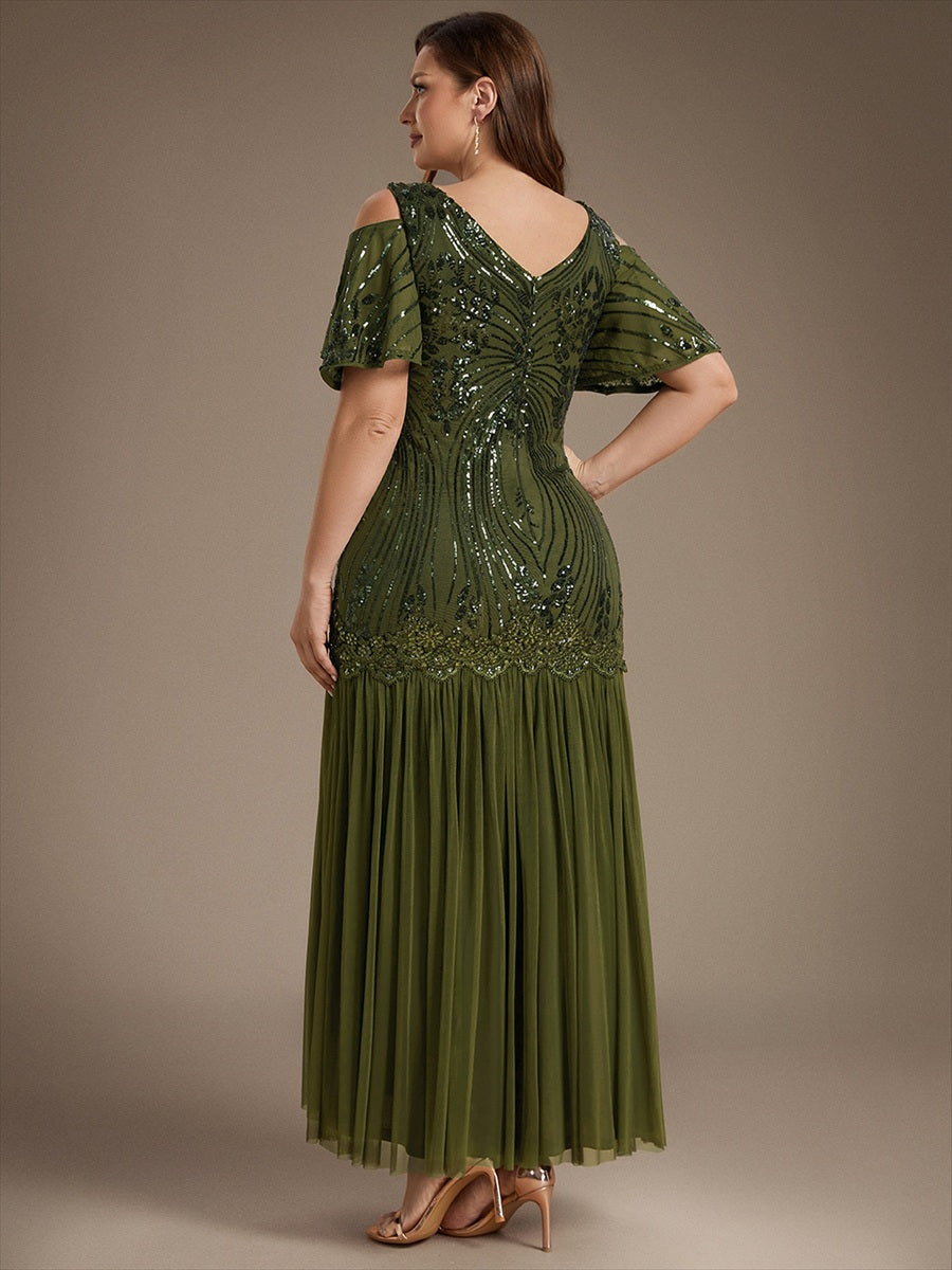 Pailletten V-Ausschnitt Etui-Schnitt Volantärmel Reißverschluss hinten abendkleid #Farbe_Olivgrün  