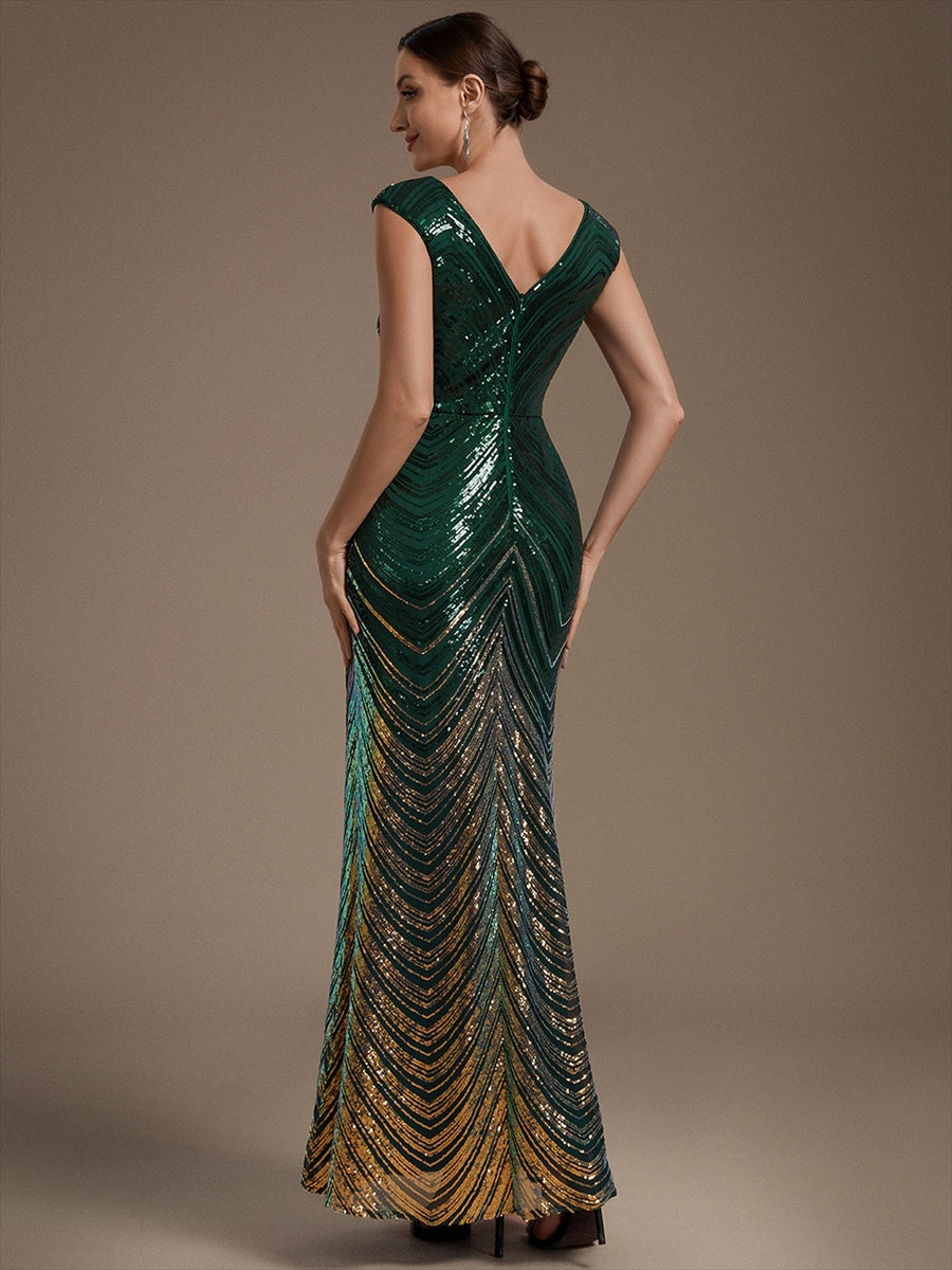 Pailletten V-Ausschnitt Meerjungfrau Reißverschluss hinten Kleid #Farbe_Dunkelgrün