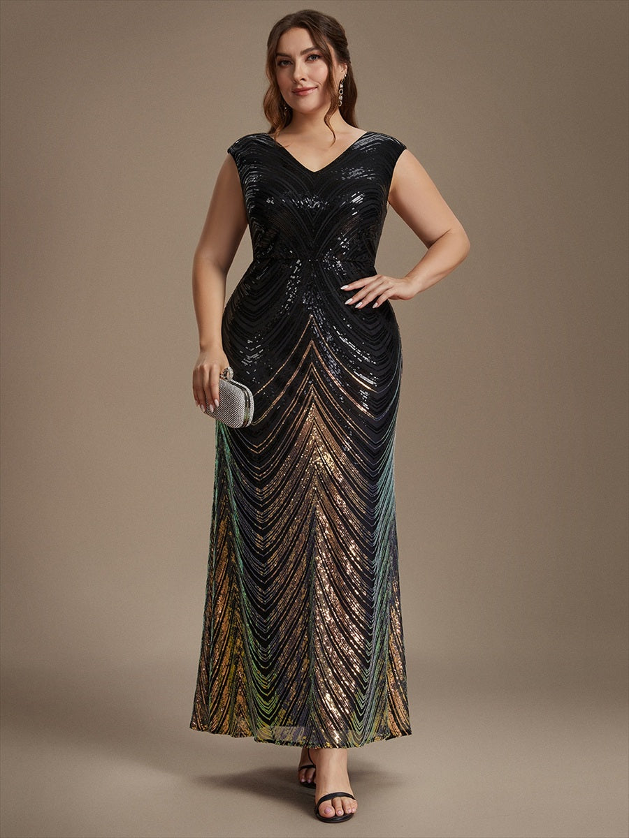 Pailletten V-Ausschnitt Meerjungfrau Reißverschluss hinten Kleid #Farbe_Schwarz & Gold