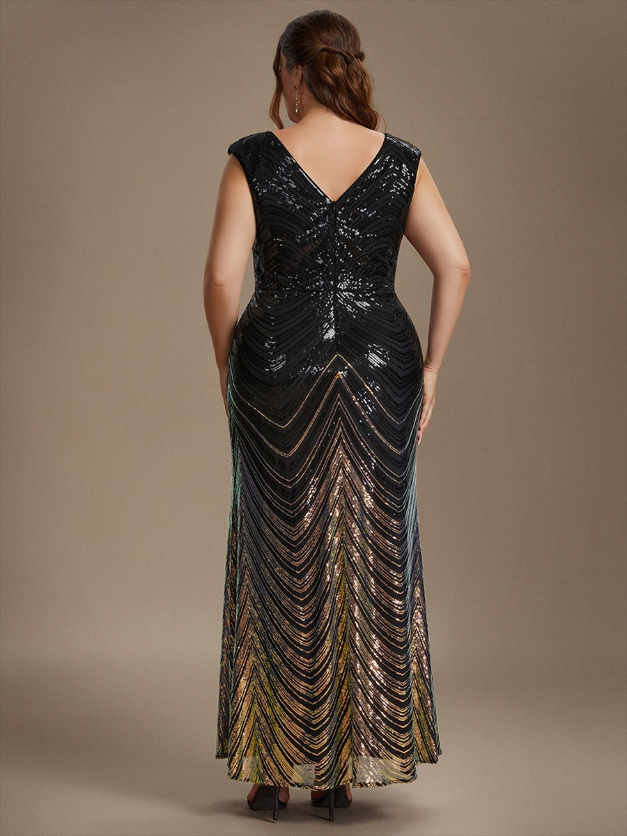 Pailletten V-Ausschnitt Meerjungfrau Reißverschluss hinten Kleid #Farbe_Schwarz & Gold
