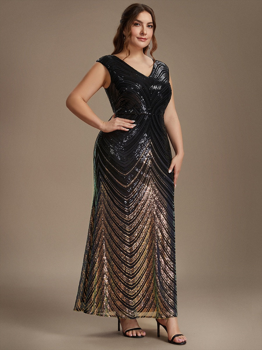 Pailletten V-Ausschnitt Meerjungfrau Reißverschluss hinten Kleid #Farbe_Schwarz & Gold