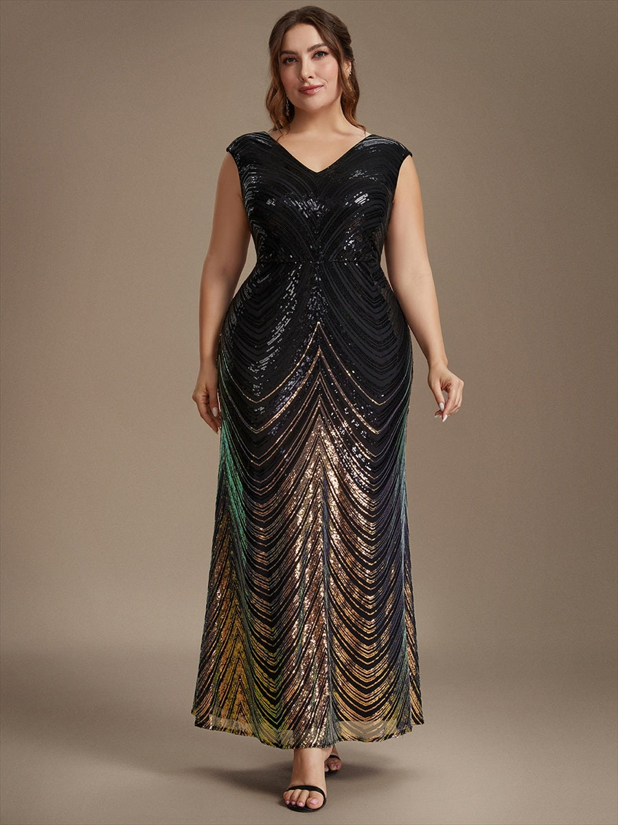Pailletten V-Ausschnitt Meerjungfrau Reißverschluss hinten Kleid #Farbe_Schwarz & Gold
