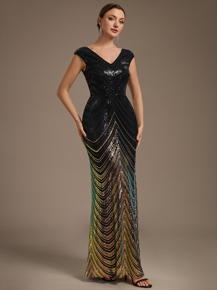 Pailletten V-Ausschnitt Meerjungfrau Reißverschluss hinten Kleid #Farbe_Schwarz & Gold