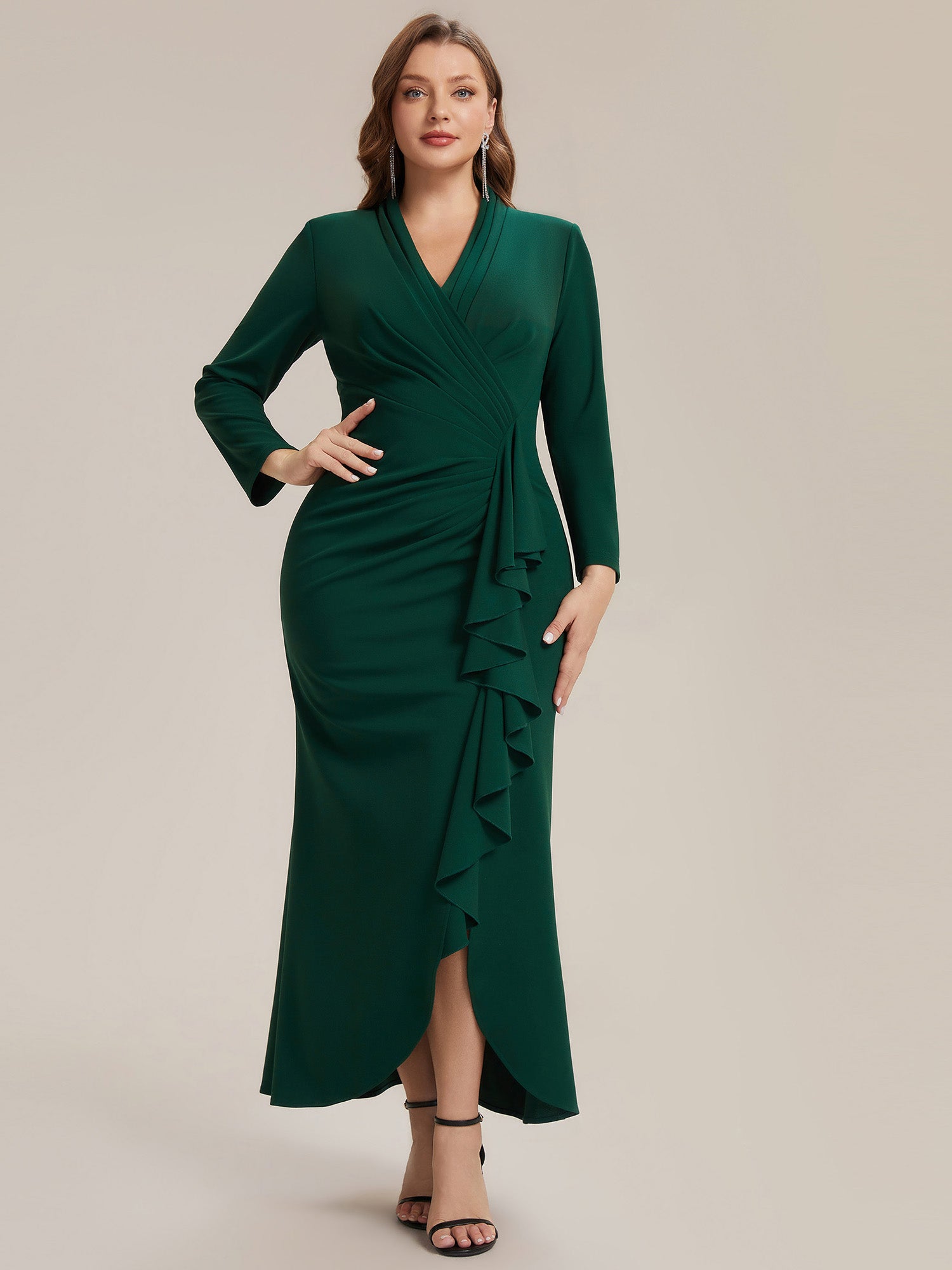 Asymmetrischer Saum V Neck Figurbetontes Kleid Aus Krepp Schlitz Volants #Farbe_Dunkelgrün