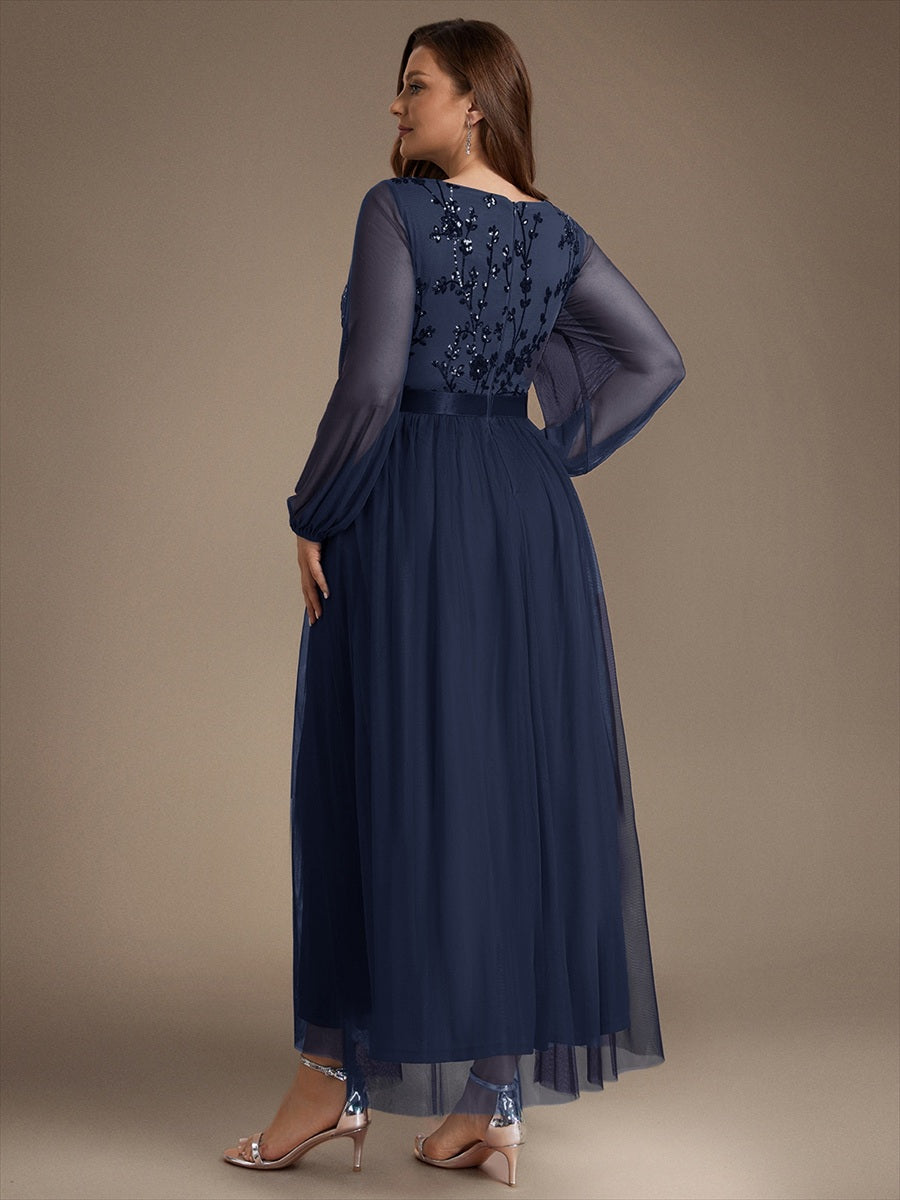 Tüll V-Ausschnitt A-Linie Reißverschluss hinten Ohne Brustpolster, mit Futter. abendkleid #Farbe_Marineblau