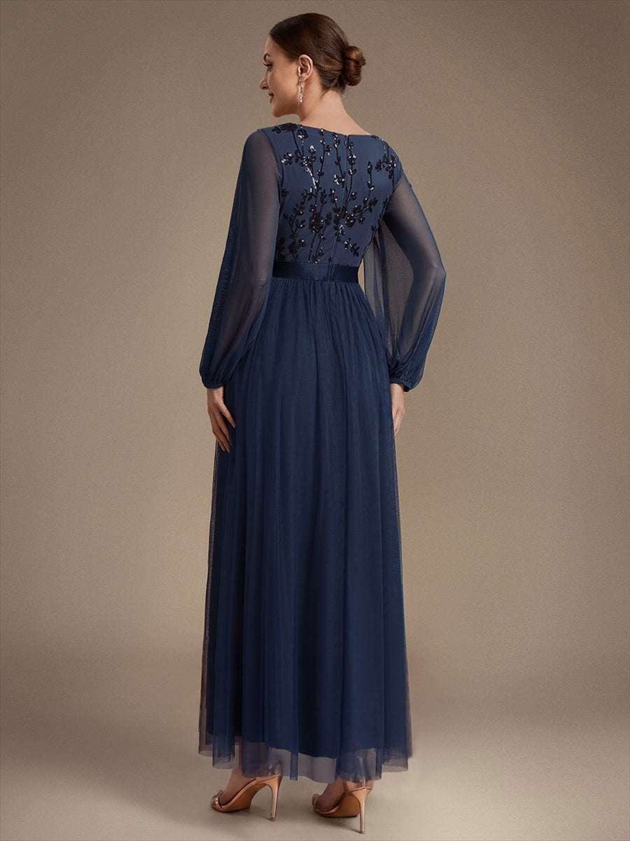Tüll V-Ausschnitt A-Linie Reißverschluss hinten Ohne Brustpolster, mit Futter. abendkleid #Farbe_Marineblau