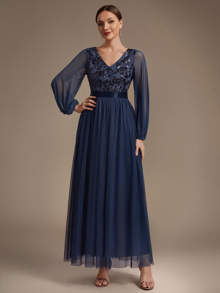 Tüll V-Ausschnitt A-Linie Reißverschluss hinten Ohne Brustpolster, mit Futter. abendkleid #Farbe_Marineblau
