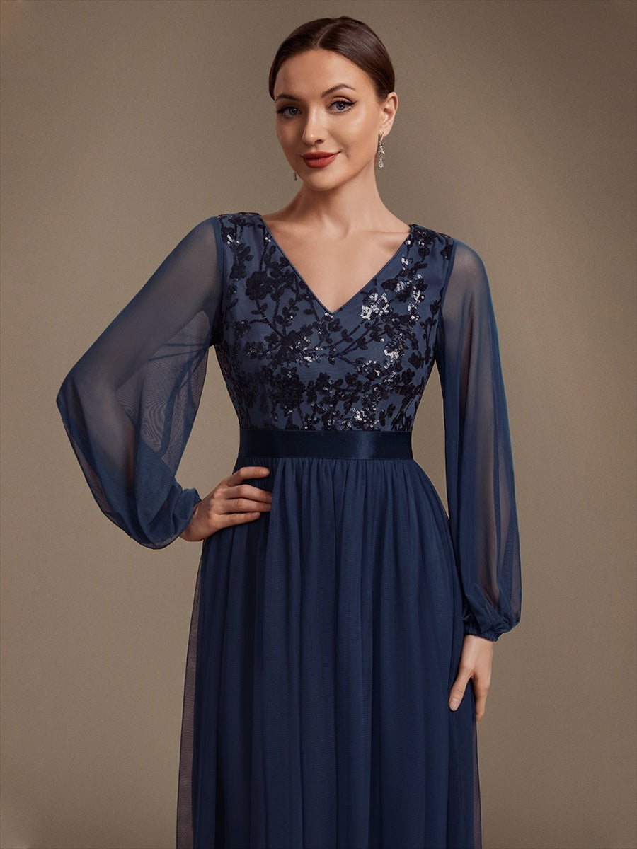 Tüll V-Ausschnitt A-Linie Reißverschluss hinten Ohne Brustpolster, mit Futter. abendkleid #Farbe_Marineblau