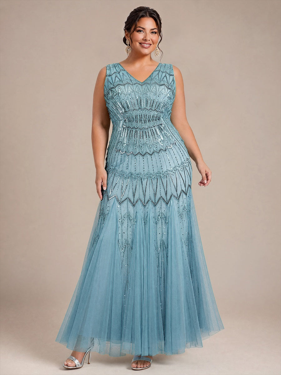 Tüll mit V-Ausschnitt, Meerjungfrau, Ärmellos und abendkleid #Farbe_Himmelblau