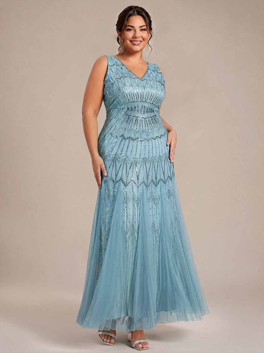 Tüll mit V-Ausschnitt, Meerjungfrau, Ärmellos und abendkleid #Farbe_Himmelblau